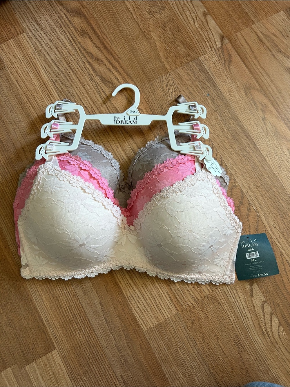 Lace Push-Up Bra - 3-Pack (Cream, Pink, Taupe) by I.D. Dream .Size 34C